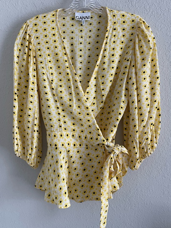 Ganni Tops - Ganni Yellow Floral Wrap Peplum Blouse